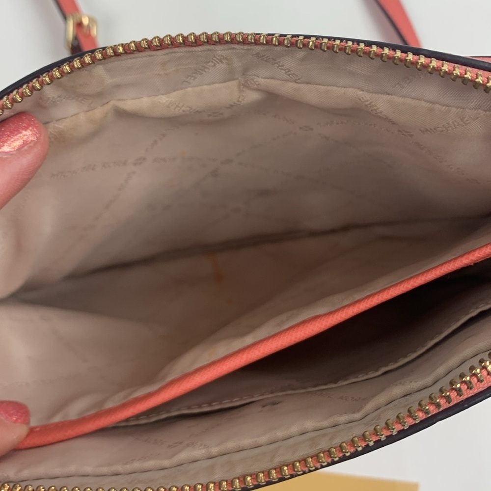 Michael Kors Pink Coral Crossbody Bag Gold chain strap Zip close MK shoulder bag - Picture 11 of 16